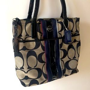 COACH F24666 black&white signature multi stripe tote